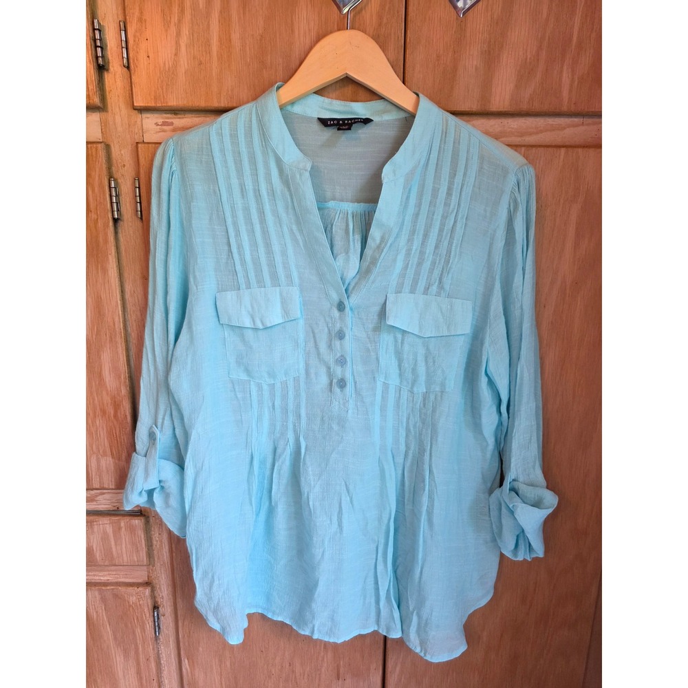 Zac & Rachel Aqua Blue Henley Blouse Pintuck Roll Tab Sleeve Top Large